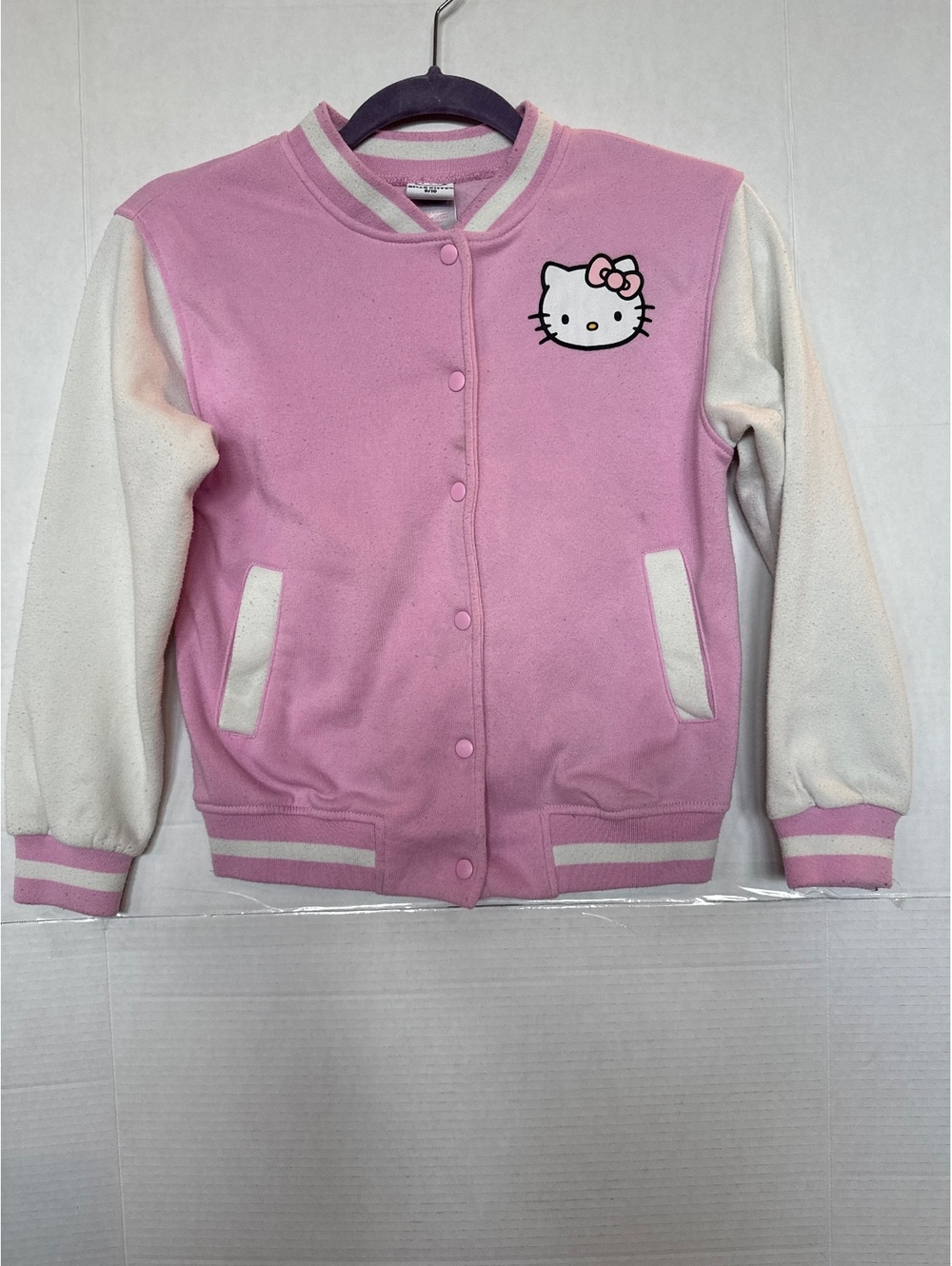 Hello Kitty Girls Pink and White Varsity Jacket Size 8/10